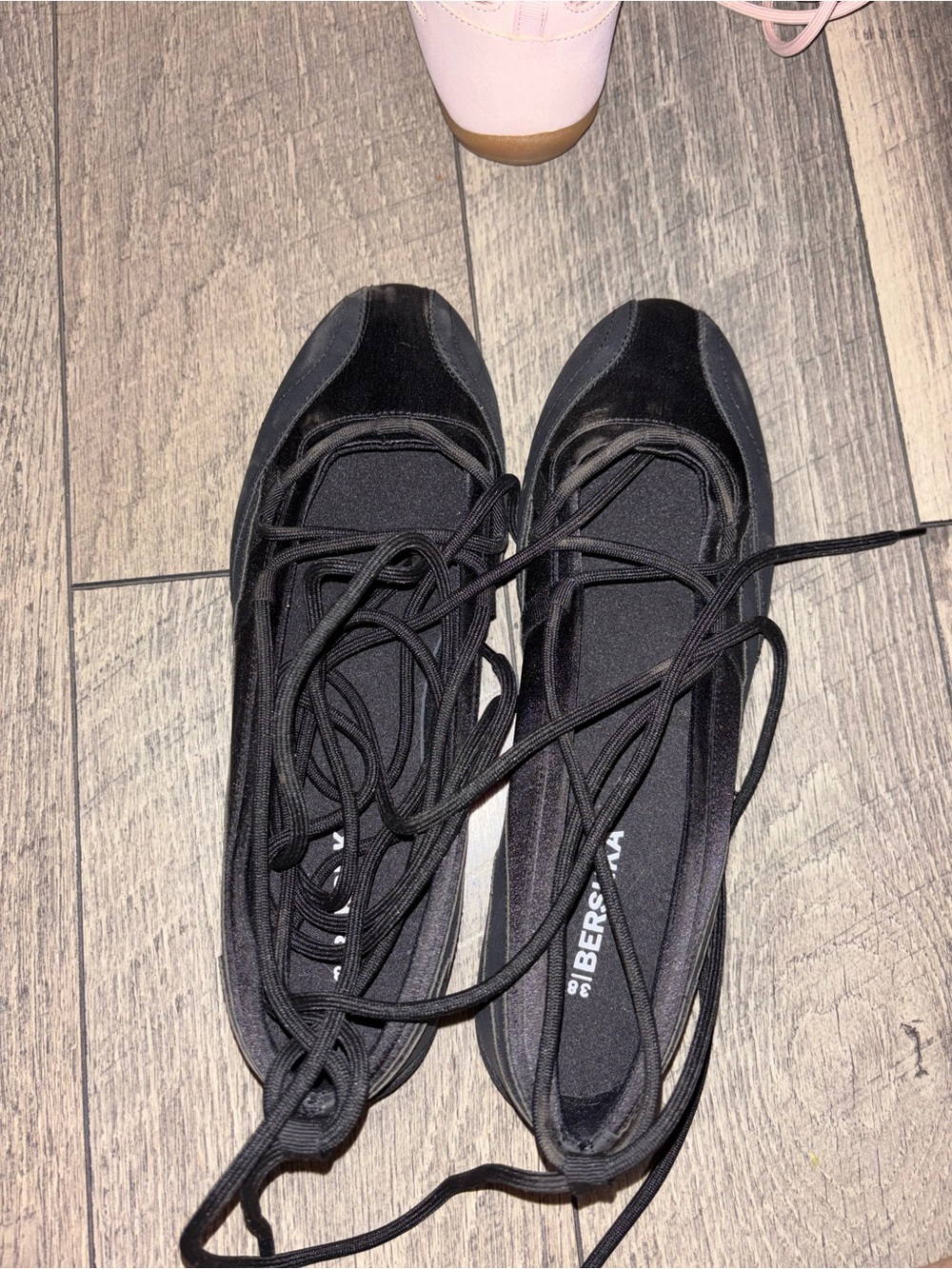 Bershka Black Lace-Up Ballet Flats with Wrap Laces